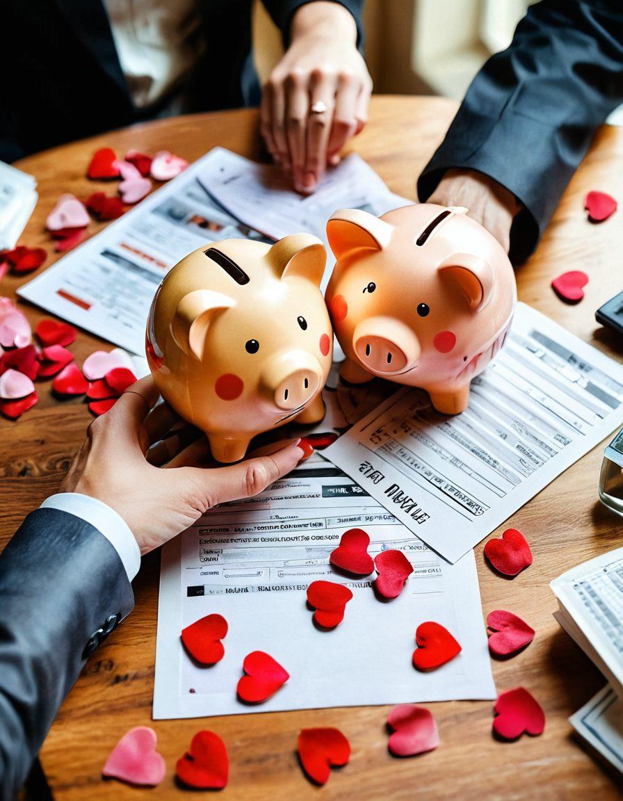 A warm and inviting scene depicting a couple sitting at a table surrounded by financial documents, with hearts and dollar signs intermingling in the background. Soft light filters through, highlighting a blend of love and finance, showcasing trust with a gentle handshake between them. Elements like a piggy bank, rose petals, and a laptop are scattered around, symbolizing their journey from romance to riches. watercolor painting. warm tones. soft focus.