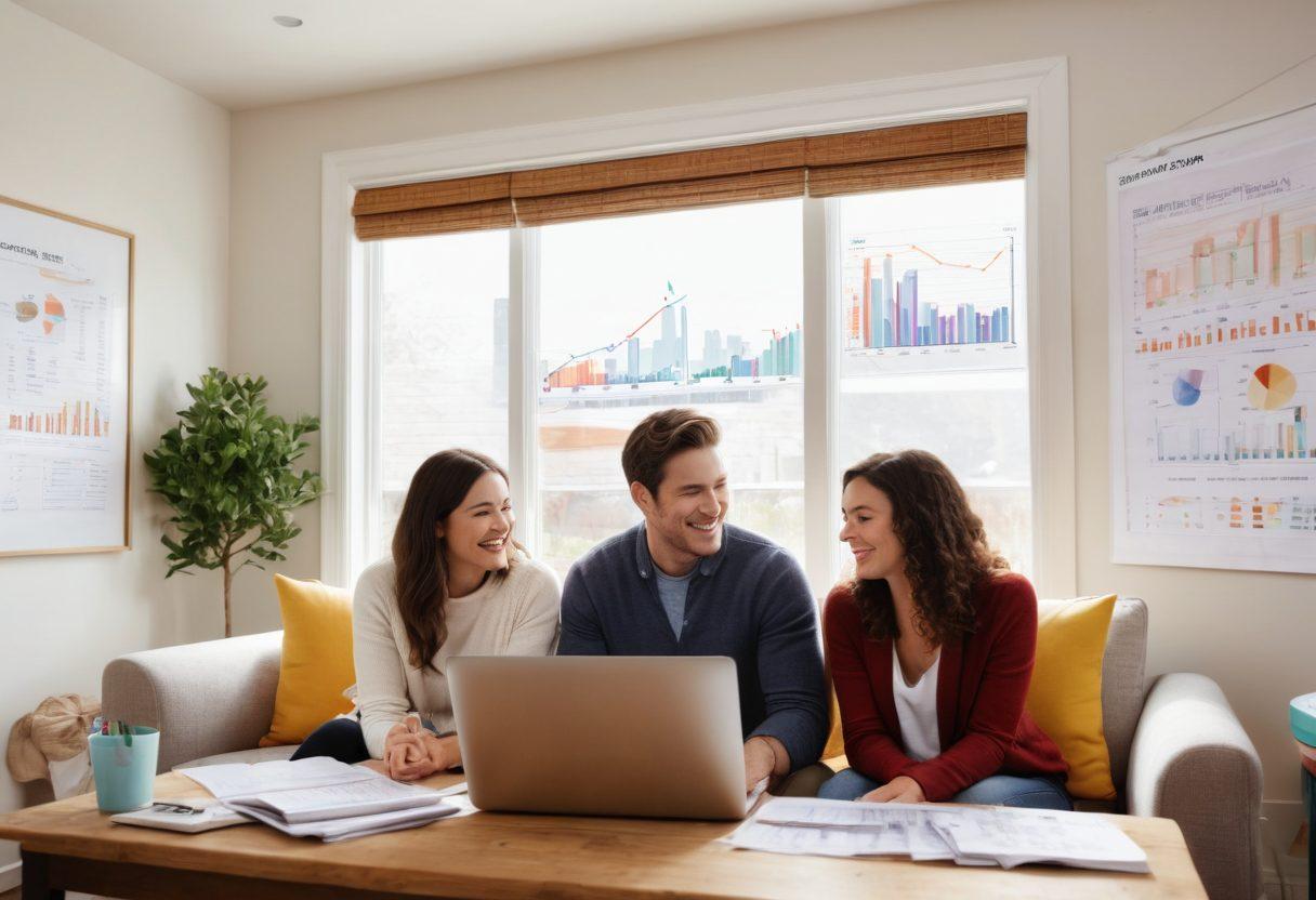 A cozy living room scene featuring a couple joyfully discussing finances over a laptop, surrounded by charts and a large jar labeled 'Savings'. They are smiling and collaborating, symbolizing teamwork in budgeting. Soft natural light spills in from a window, creating a warm and inviting atmosphere. super-realistic. vibrant colors. white background.