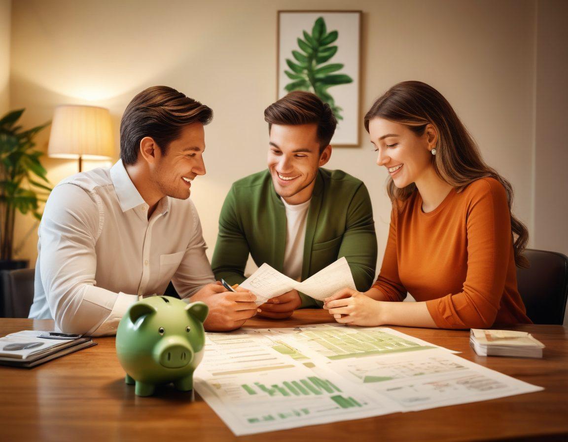 A harmonious couple sitting at a table, reviewing financial documents together, surrounded by symbols of wealth like a growing plant, piggy banks, and digital graphs. Soft, warm lighting creates an inviting atmosphere. The couple exhibits cooperation and joy, symbolizing partnership in financial planning. Colors should reflect trust and stability, with green tones for growth. super-realistic. warm colors. cozy atmosphere.